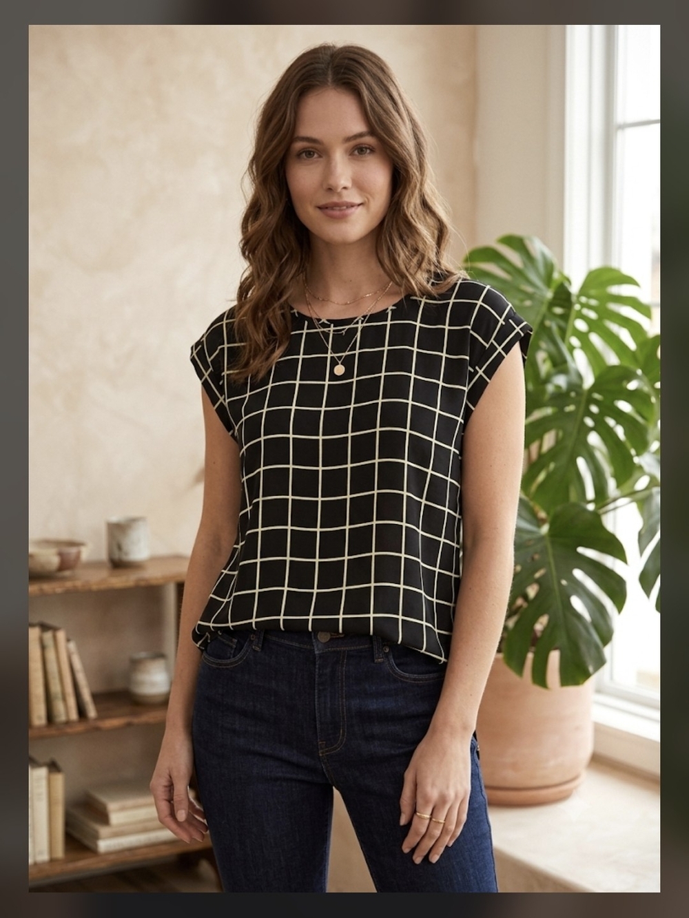 Black Windowpane Cap-Sleeve Blouse